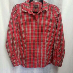 Talbots Non Iron Shirt Top Tartan Red Plaid Gold Button Holiday Womens Size 6p